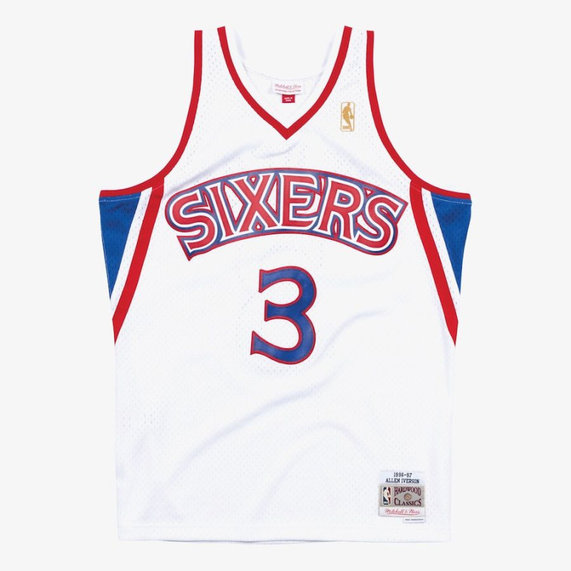 Maillot NBA Allen Iverson Philadelphie Sixers 1996-97 Home Road Mitchell & ness Hardwood Classic swingman Blanc Maillot NBA Allen Iverson Philadelphie Sixers 1996-97 Home Road Mitchell & ness Hardwood Classic swingman Blanc