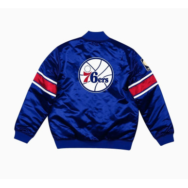 Men's Mitchell & Ness Special Script Heavyweight Satin Jacket NBA Philadelphia 76ers bleu