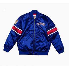 Men's Mitchell & Ness Special Script Heavyweight Satin Jacket NBA Philadelphia 76ers bleu
