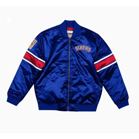 Men's Mitchell & Ness Special Script Heavyweight Satin Jacket NBA Philadelphia 76ers bleu