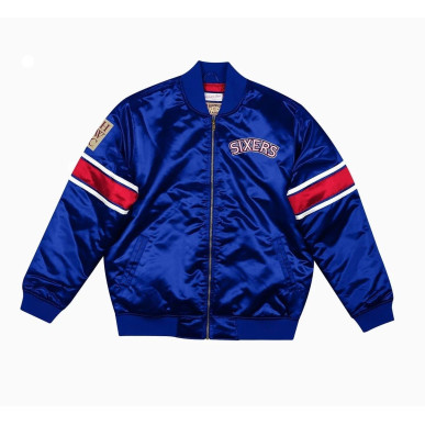 Men's Mitchell & Ness Special Script Heavyweight Satin Jacket NBA Philadelphia 76ers bleu